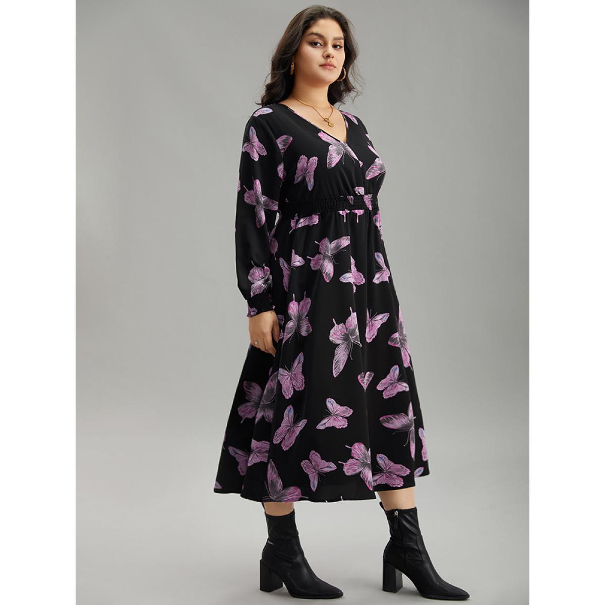 Plus Size Butterfly Print Pocket Shirred Cuffs Dress Black Women Elegant Printed V-neck Long Sleeve Curvy Midi Dress BloomChic 12/L Product Image