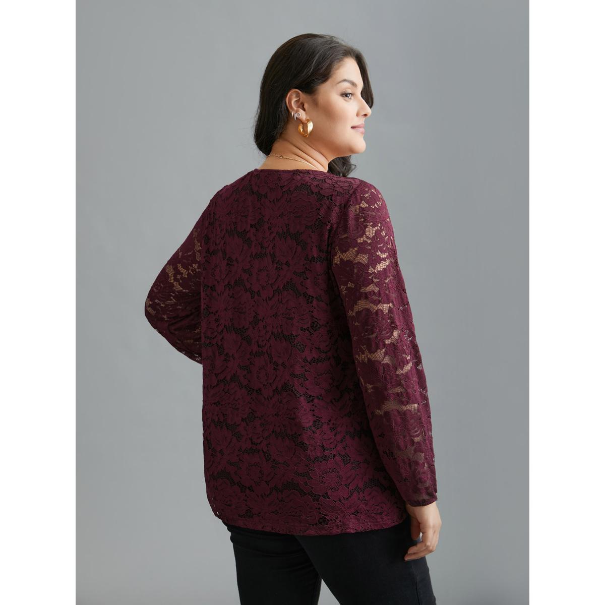 Plus Size Scarlet Sheer Lace Sleeve Pleated Slim-Fit Blouse Women Elegant Long Sleeve V-neck Everyday Blouses BloomChic 30/6X Product Image