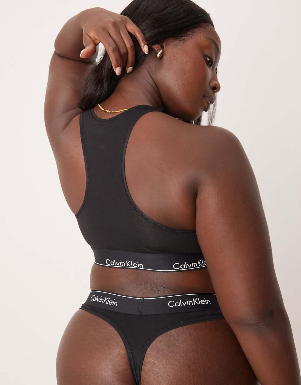 Calvin Klein Plus Modern Cotton unlined racerback logo tape bralette in black Product Image