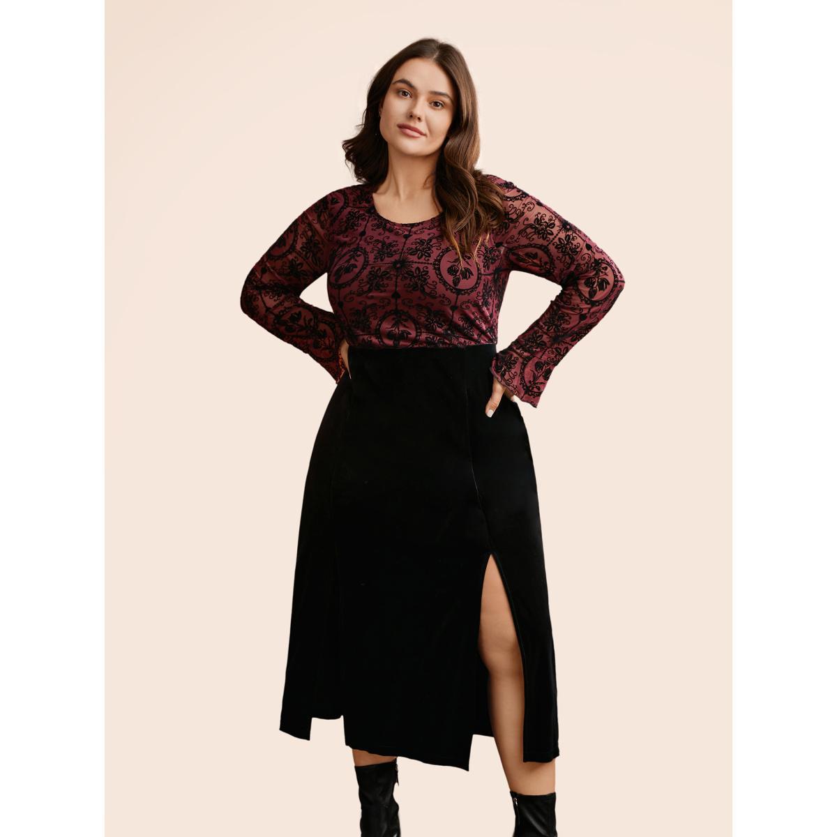 Plus Size Gothic Flocked Mesh Midi Dress Burgundy Women Cocktail Texture Party Curvy Bloomchic 14-16/1X Product Image