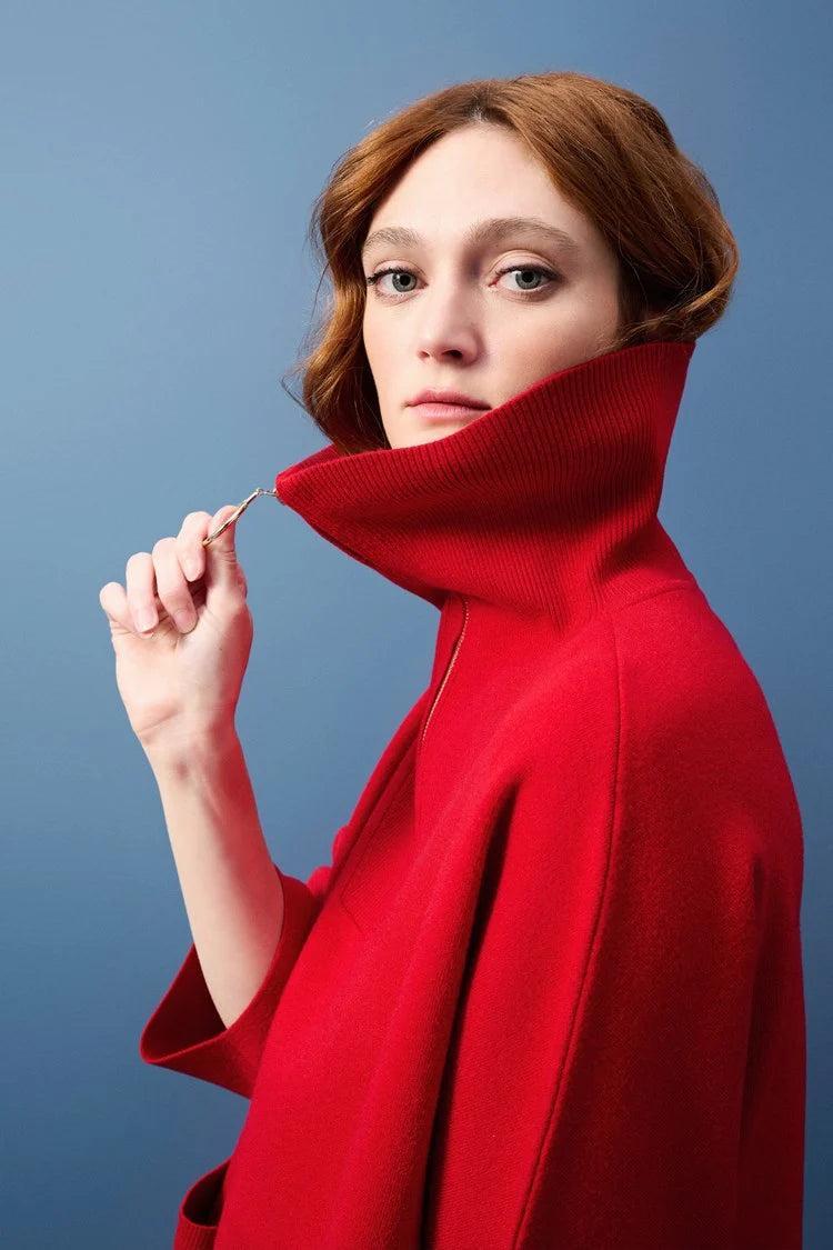 Jacquard Zipped Collar Sweater - Lipstick Red Product Image