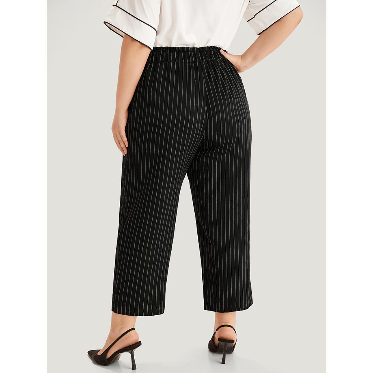 Plus Size Striped Button Detail Pocket Pleated Pants Women Black Office Straight Leg High Rise Work Pants BloomChic 26/4X Product Image