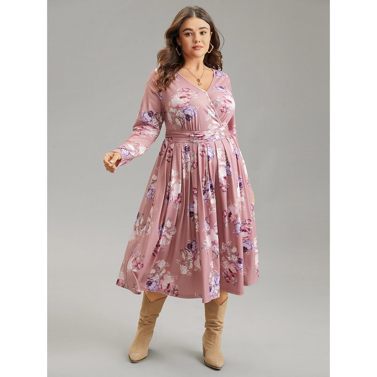 Plus Size Floral Wrap Pleated Elastic Waist Ruched Dress DustyPink Women Casual Wrap Overlap Collar Long Sleeve Curvy Midi Dress BloomChic 12/L Product Image