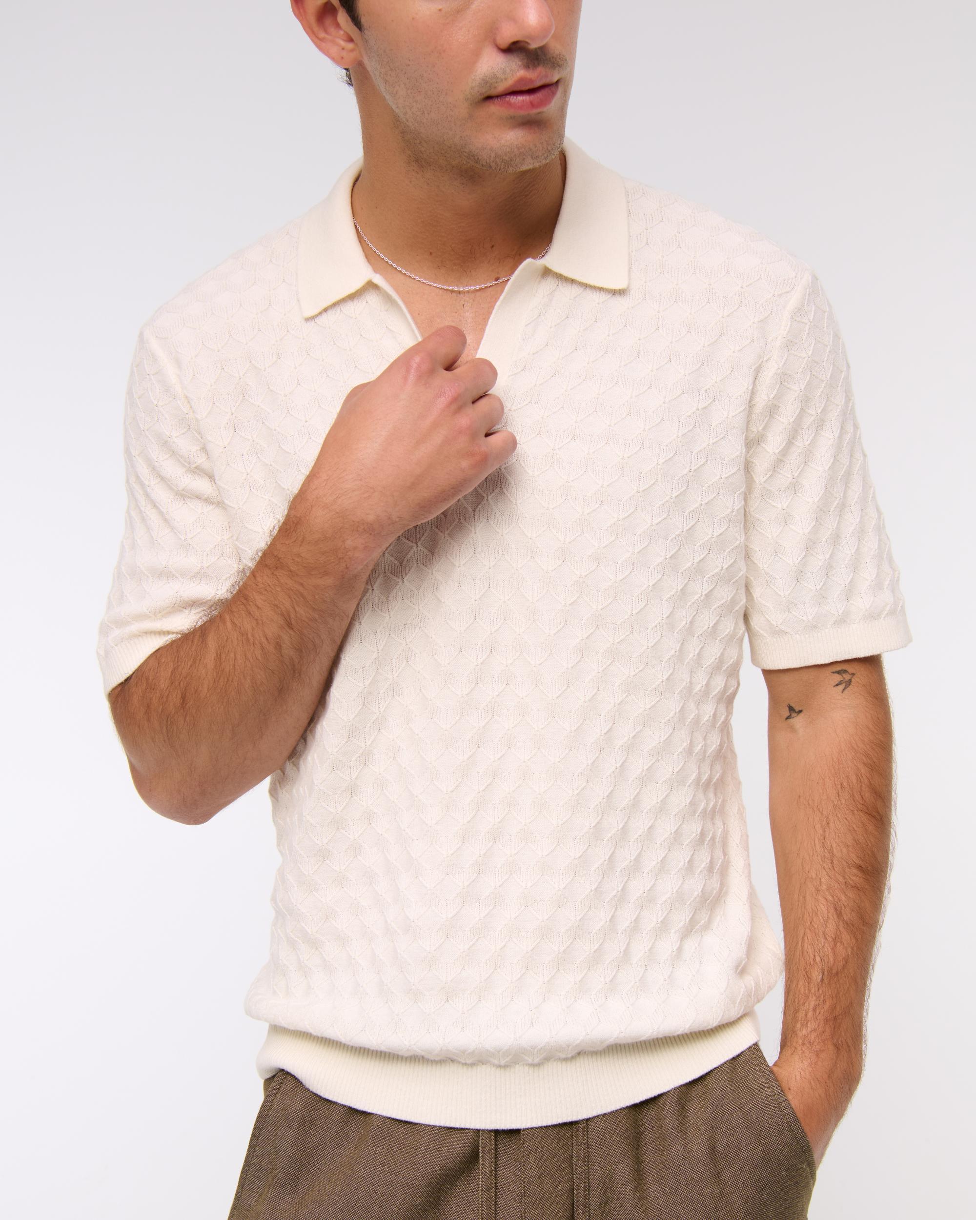 Pointelle Stitch Johnny Collar Sweater Polo Product Image
