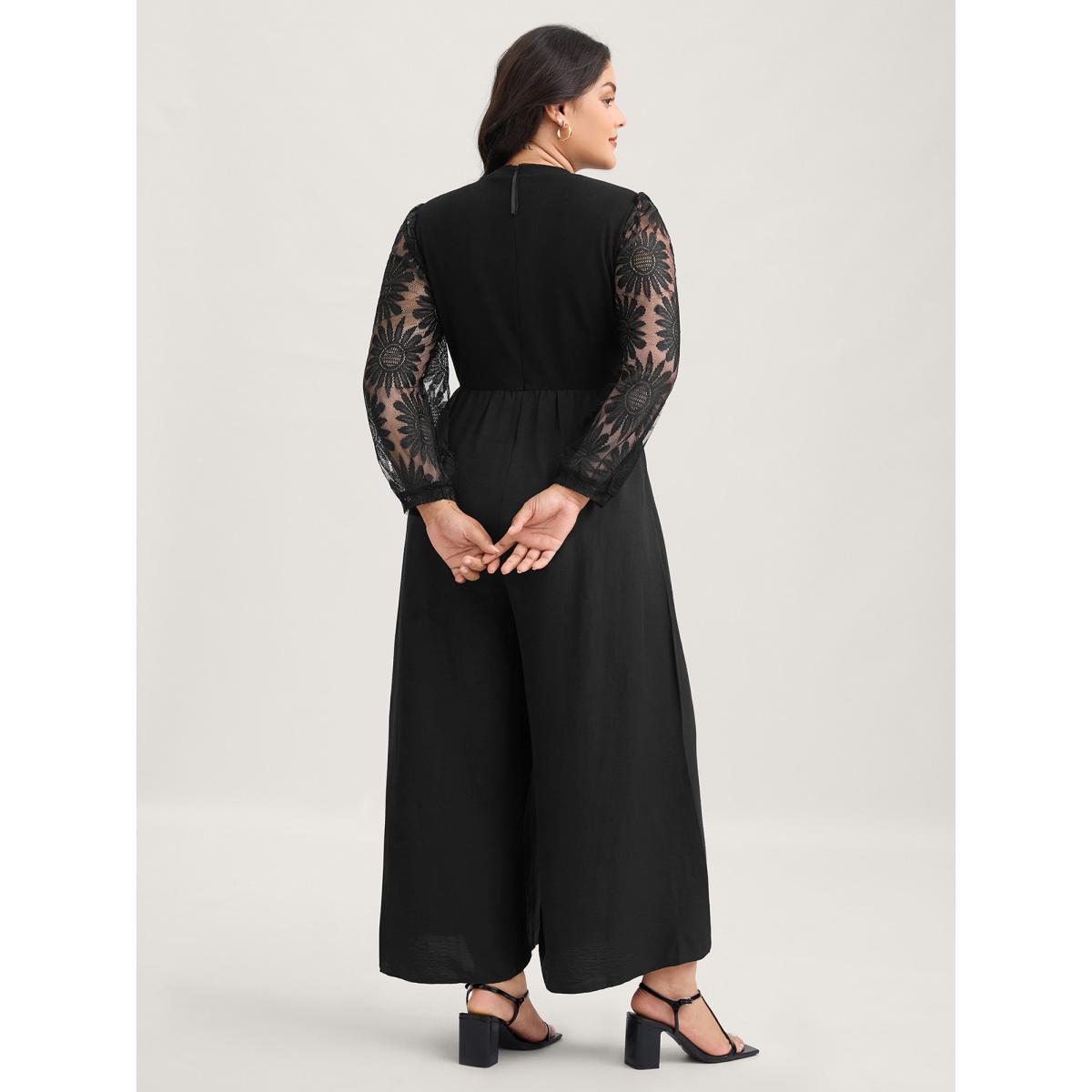 Plus Size Black Crochet Lace Mesh Mock Neck Jumpsuit Women Elegant Long Sleeve Mock Neck Everyday Loose Jumpsuits BloomChic 30/6X Product Image