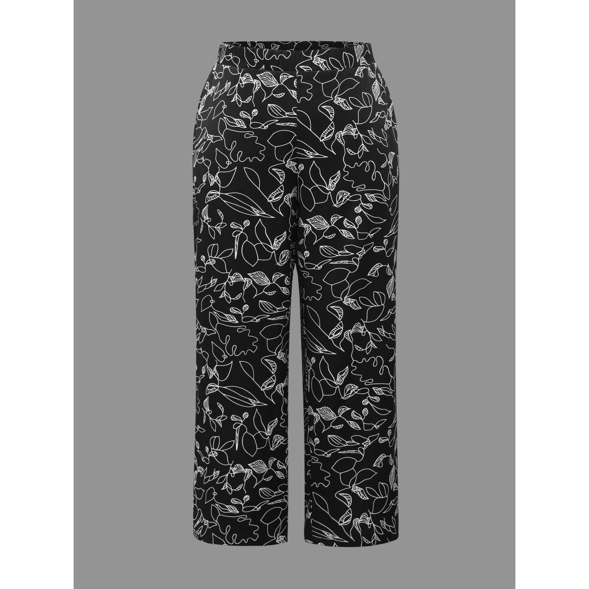 Plus Size Graffiti Print Elastic Waist Wide Leg Pants Women BlackFlower At the Office Wide Leg Mid Rise Work Pants BloomChic 12/L Product Image