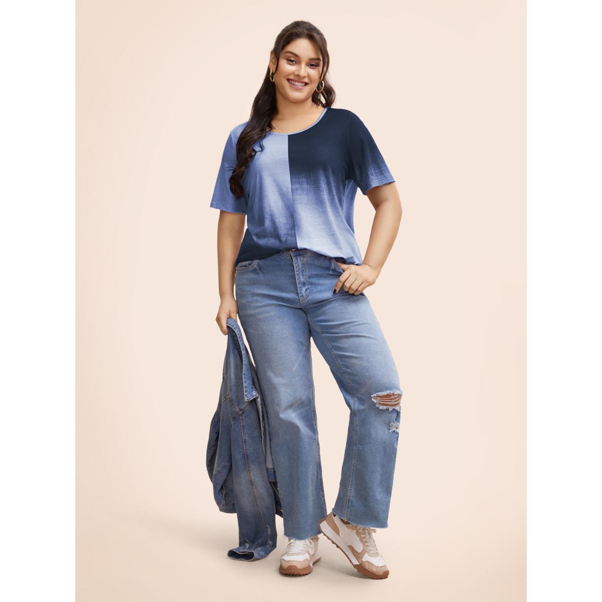 Plus Size Ombre Heather Contrast Round Neck T-shirt Stone Women Casual Non Round Neck Everyday T-shirts BloomChic 30/6X Product Image