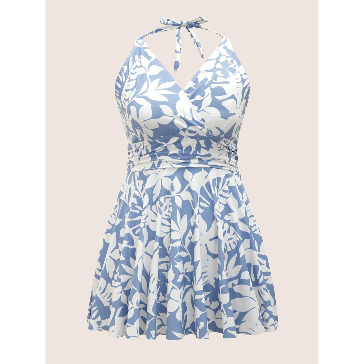 Plus Size Overlap Collar Silhouette Floral Print Swim Dress Women's Swimwear LightBlue Beach Bodycon Overlap Collar High stretch Curve Swim Dresses BloomChic 30/6X Product Image