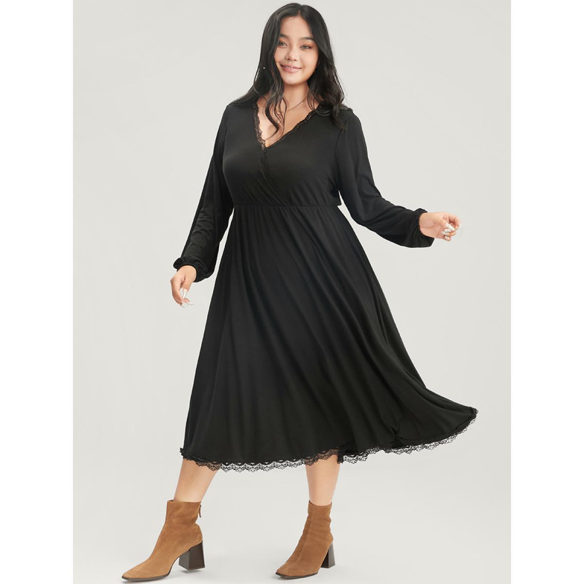 Plus Size Solid Lantern Sleeve Pocket Lace Trim Wrap Dress Black Women Elegant Lace V-neck Long Sleeve Curvy Midi Dress BloomChic 12/L Product Image