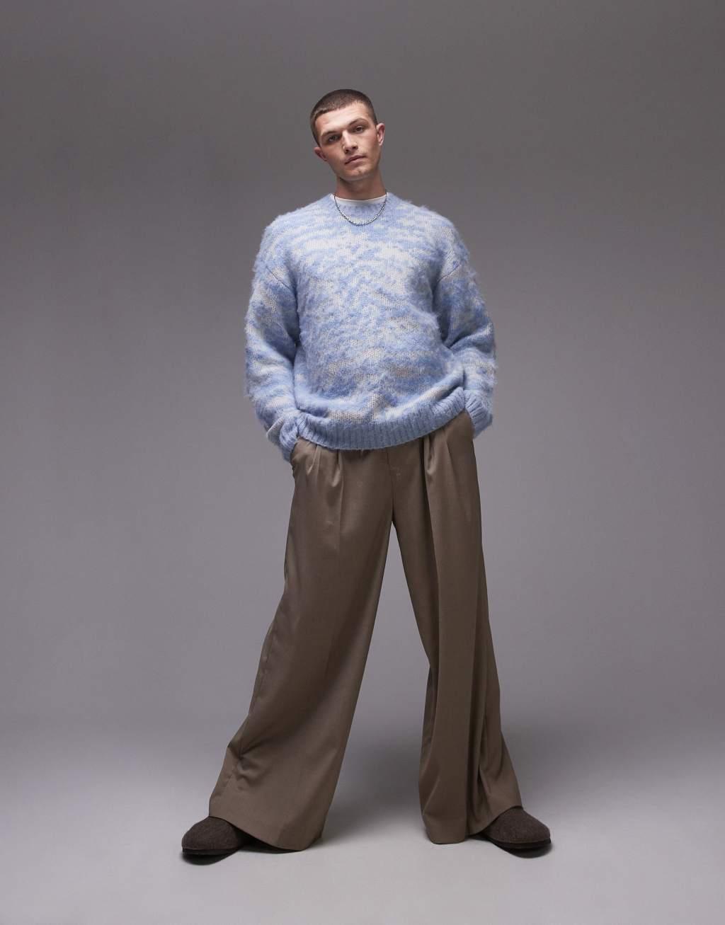 Topman oversized brushed sweater in blue animal print Product Image