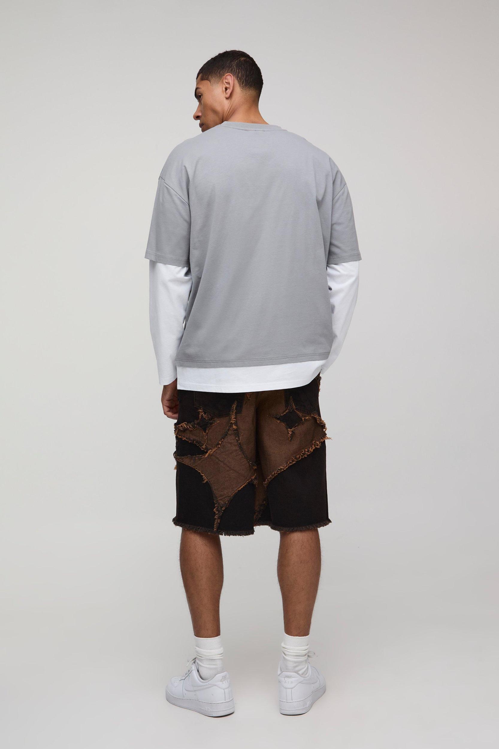 Regular Fit Star Applique Washed Brown Jorts | boohooMAN USA Product Image