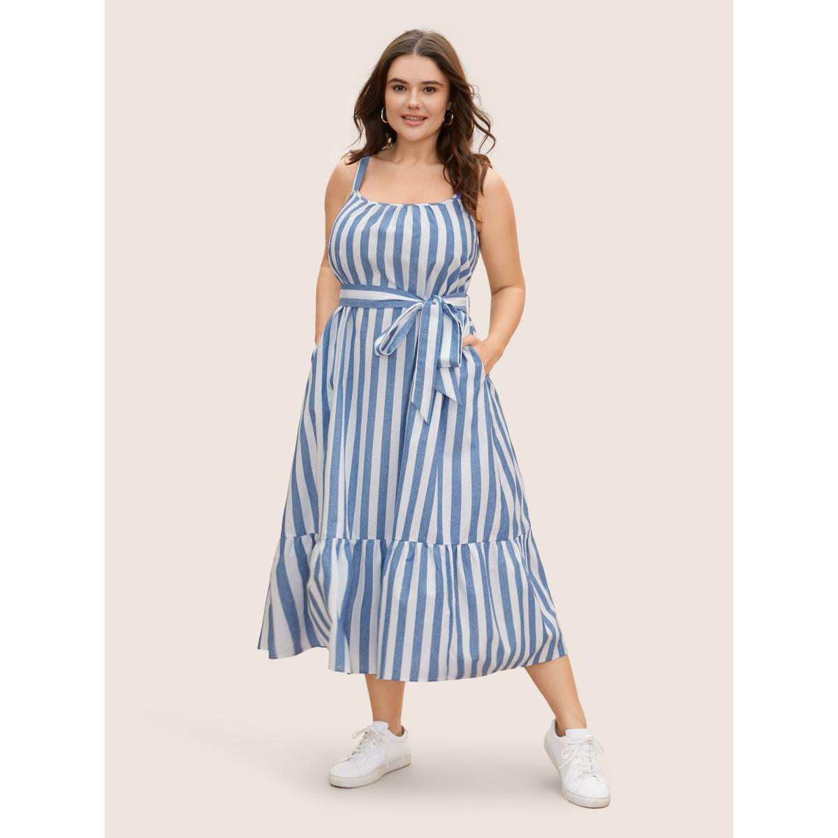 Plus Size Striped Linen Blend Ruffle Layered Hem Dress LightBlue Women Casual Belted Square Neck Sleeveless Curvy BloomChic 12/L Product Image