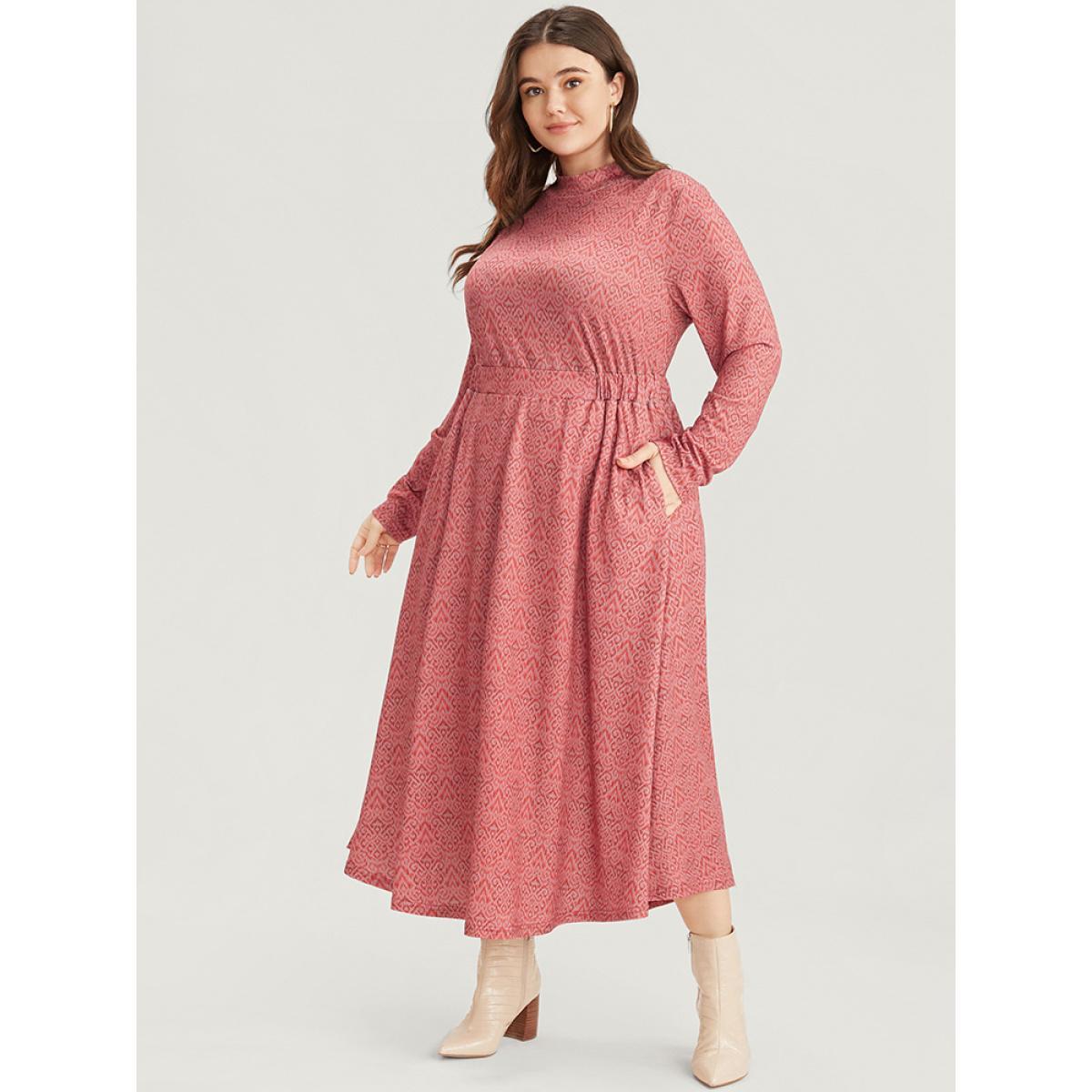 Plus Size Bandana Print Mock Neck Pocket Ruffle Hem Dress Scarlet Women Elegant Elastic Waist Mock Neck Long Sleeve Curvy Midi Dress BloomChic 30/6X Product Image