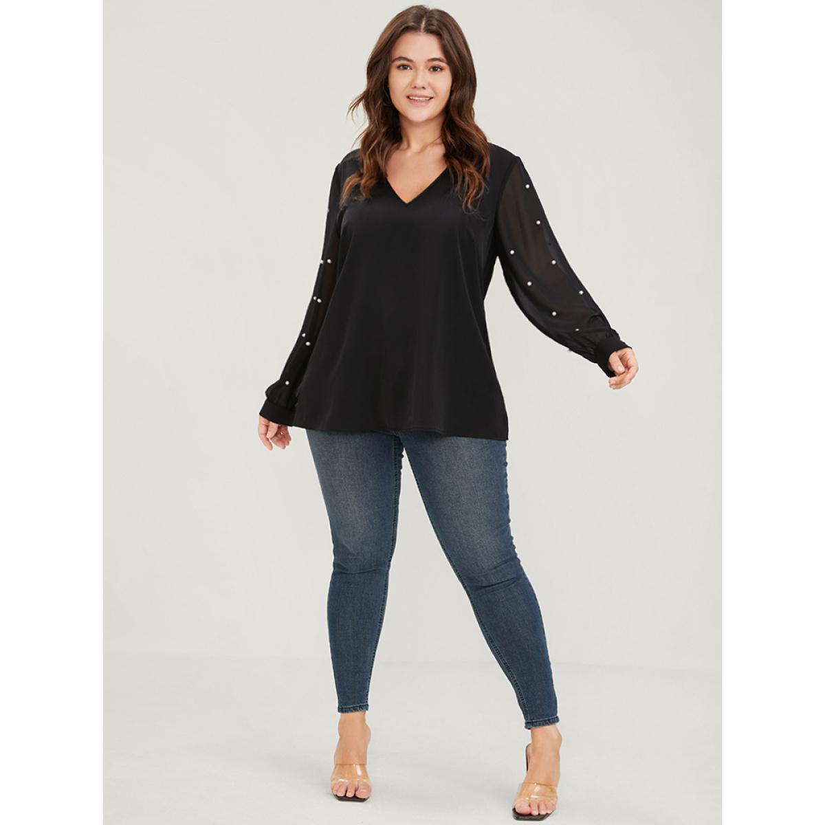 Plus Size Black Solid Patchwork Mesh Sleeve Pearls Beaded Blouse Women Glamour Long Sleeve V-neck Going out Blouses BloomChic 12/L Product Image