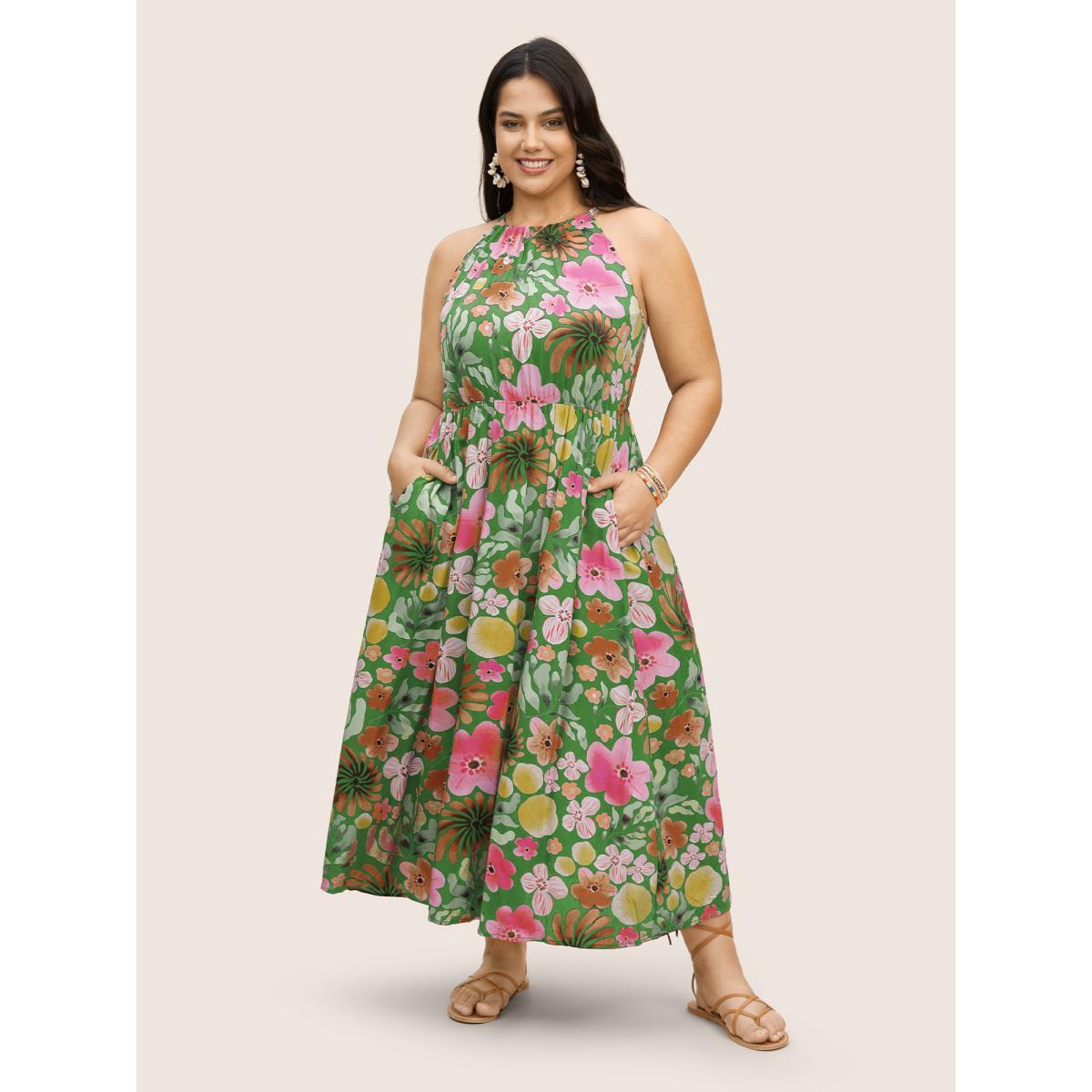 Plus Size Floral Printed Patchwork Side Seam Pocket Dress Truegreen Women Resort Gathered Non Sleeveless Curvy BloomChic 30/6X Product Image