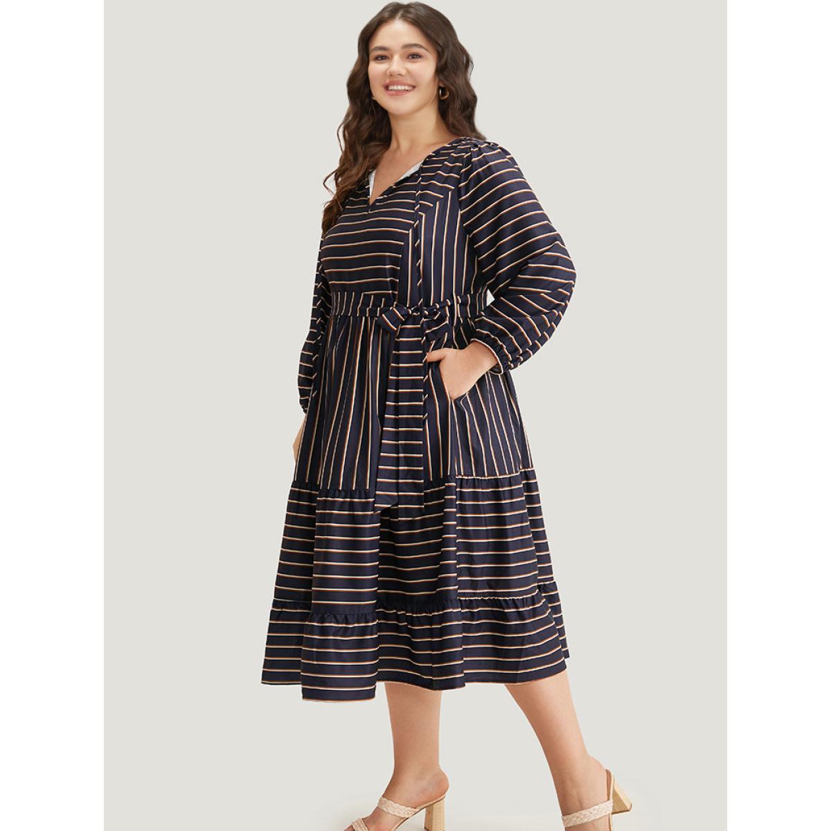 Plus Size Striped Tie Neck Pocket Ties Dress Indigo Women Vacation Elastic cuffs Tie Neck Long Sleeve Curvy Midi Dress BloomChic 22-24/3X Product Image
