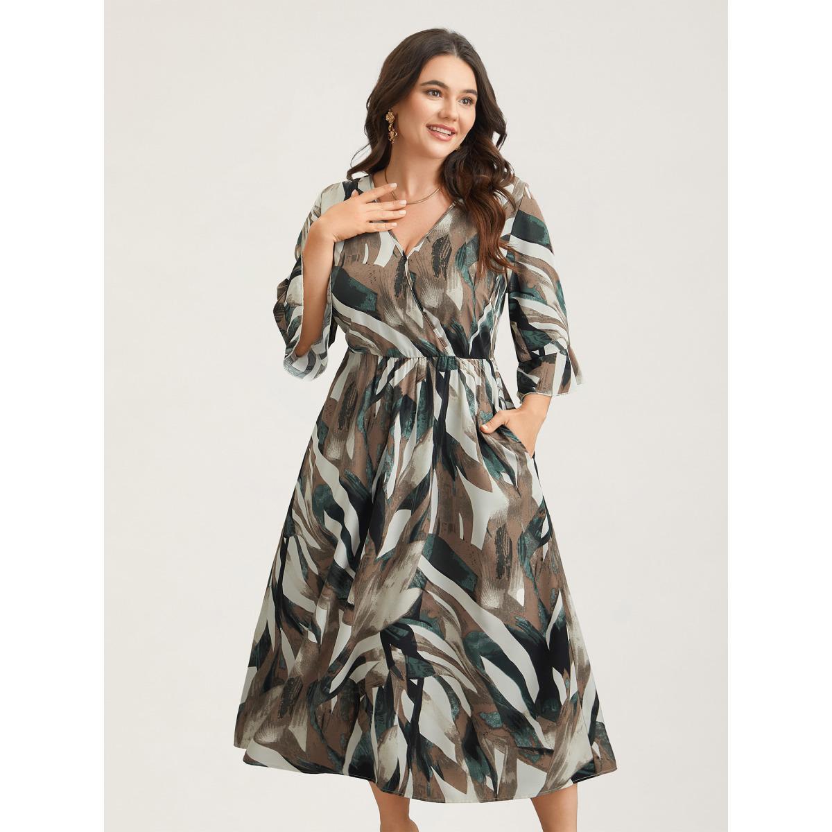 Plus Size Abstract Print Lotus Leaf Cuff Pockets Dress DarkBrown Women Elegant Ruffles Overlap Collar Elbow-length sleeve Curvy BloomChic 28/5X Product Image