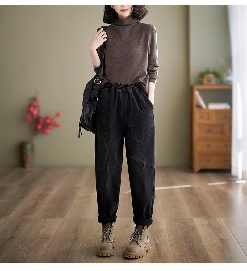 Elastic Waist Fleece-Lined Washed Baggy Jeans Product Image