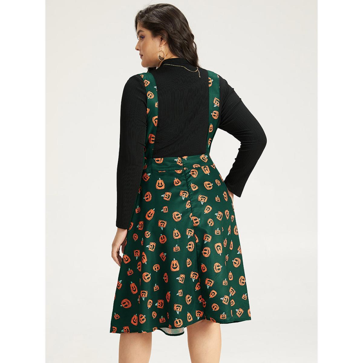 Plus Size Halloween Pocket Pumpkin Print Overall Cami Dress Black Women Casual Adjustable Straps Spaghetti Strap Sleeveless Curvy Midi Dress BloomChic 28/5X Product Image