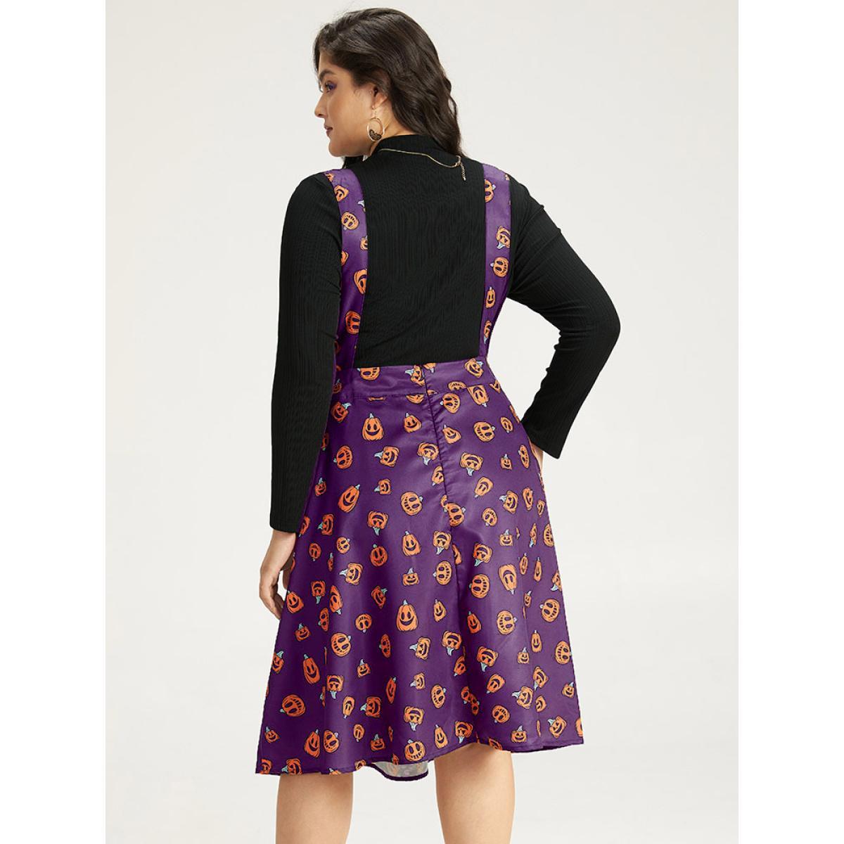 Plus Size Halloween Pocket Pumpkin Print Overall Cami Dress Purple Women Casual Adjustable Straps Spaghetti Strap Sleeveless Curvy Midi Dress BloomChic 30/6X Product Image
