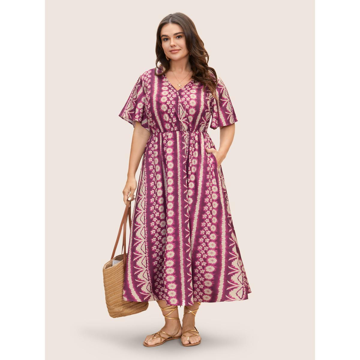 Plus Size Floral Tie Dye Overlap Collar Ruffle Sleeve Dress Mauve Women Resort Non Overlap Collar Short sleeve Curvy BloomChic 30/6X Product Image