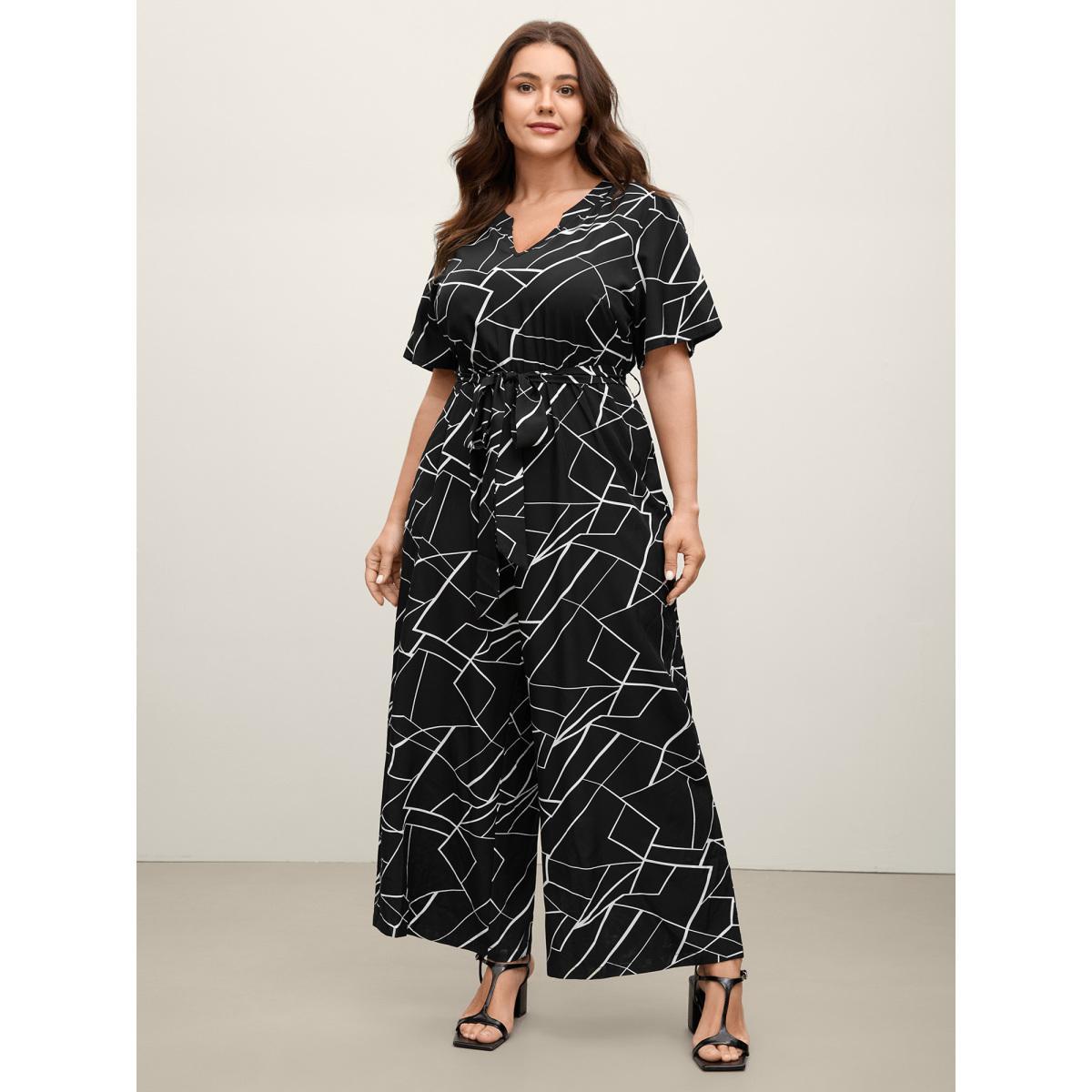 Plus Size Black Geometric Print Waist-Defining Belted Jumpsuit Women Short sleeve Flat collar with V-notch Work Loose Jumpsuits BloomChic 26/4X Product Image