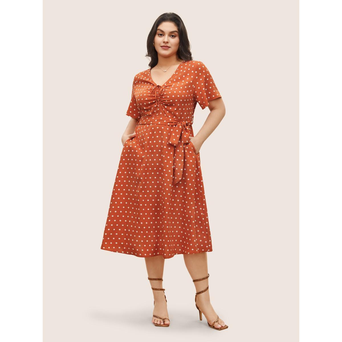 Plus Size Polka Dot Drawstring Belted Ruffle Sleeve Dress OrangeRed Women Elegant Non V-neck Short sleeve Curvy Midi Dress BloomChic 22-24/3X Product Image