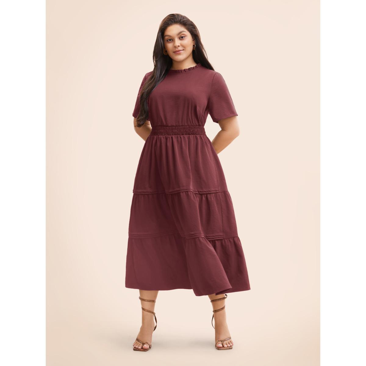 Plus Size Plain Frill Trim Ruffle Layered Hem Dress Burgundy Women Resort Tucked seam Mock Neck Short sleeve Curvy BloomChic 30/6X Product Image