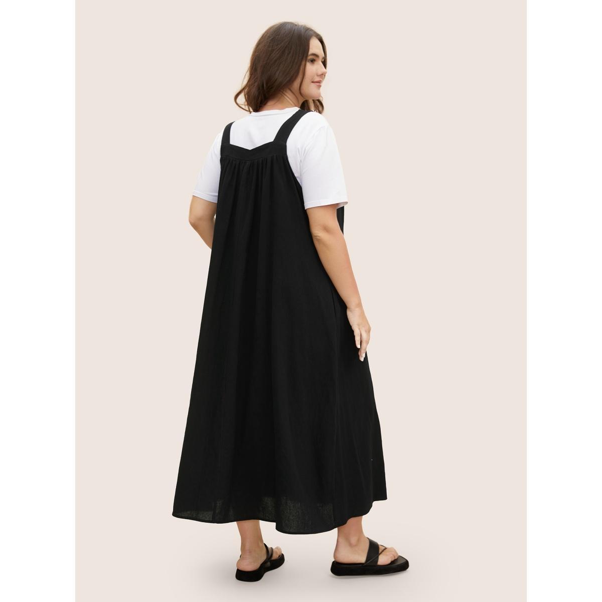 Plus Size Cotton Solid Adjustable Straps Pocket Midi Dress Black Women Casual Gathered Non Sleeveless Curvy BloomChic 12/L Product Image