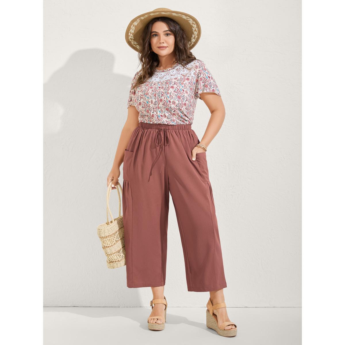 Plus Size Stretchy Pockets Waist-Tie Straight Pants Women Rust Resort Bodycon Mid Rise Vacation Pants BloomChic 10/M Product Image