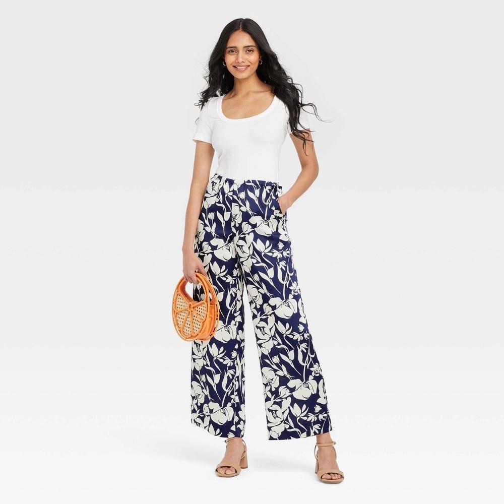Women's Mid-Rise Pull-On Satin Pants - A New Day™ Navy Blue Floral L: Straight Fit, Wide Leg, Elastic Waistband Product Image