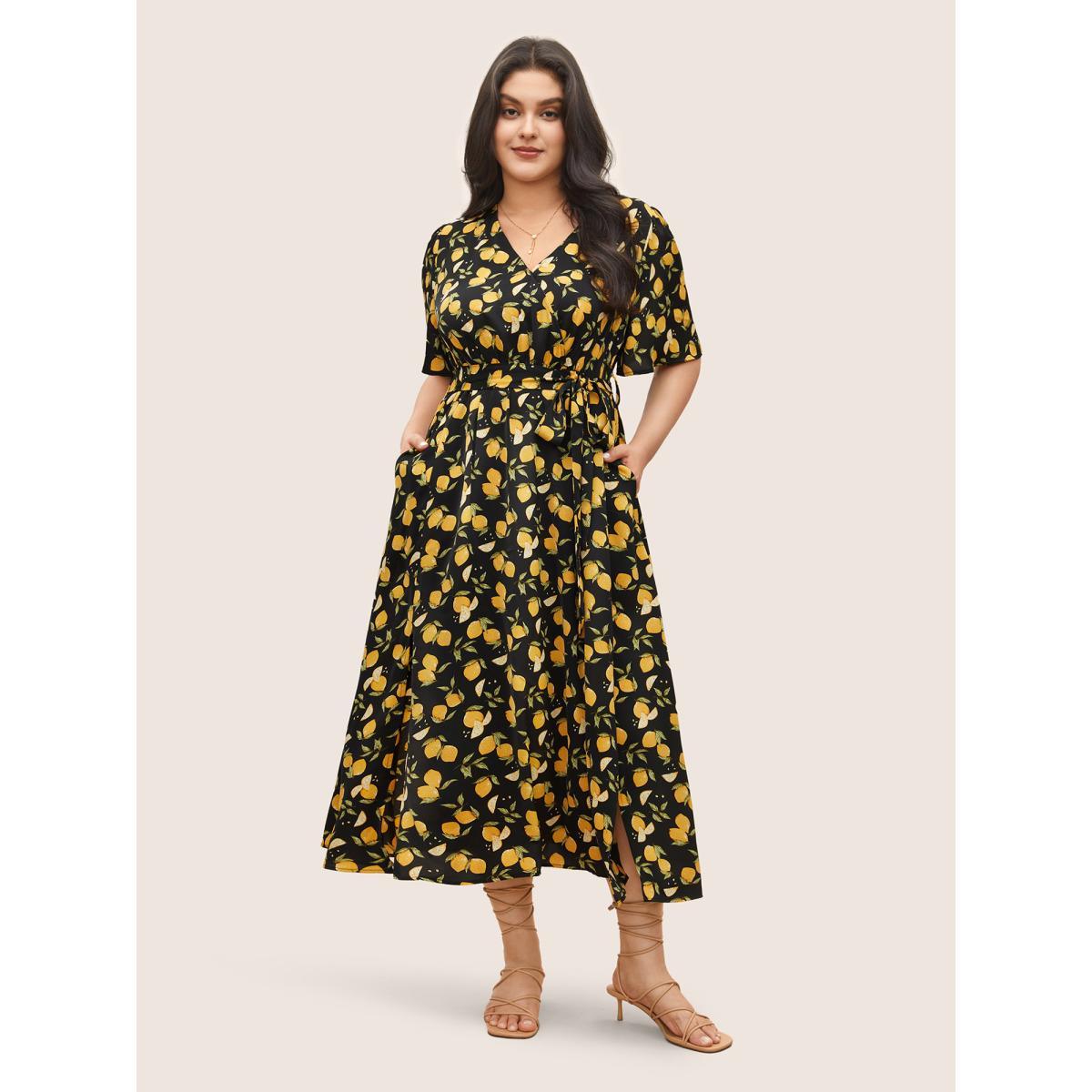 Plus Size Citrus Lemons Print Belted Surplice Neck Split Side Dress BlackFlower Women Elegant Non Overlap Collar Short sleeve Curvy Midi Dress BloomChic 18-20/2X Product Image