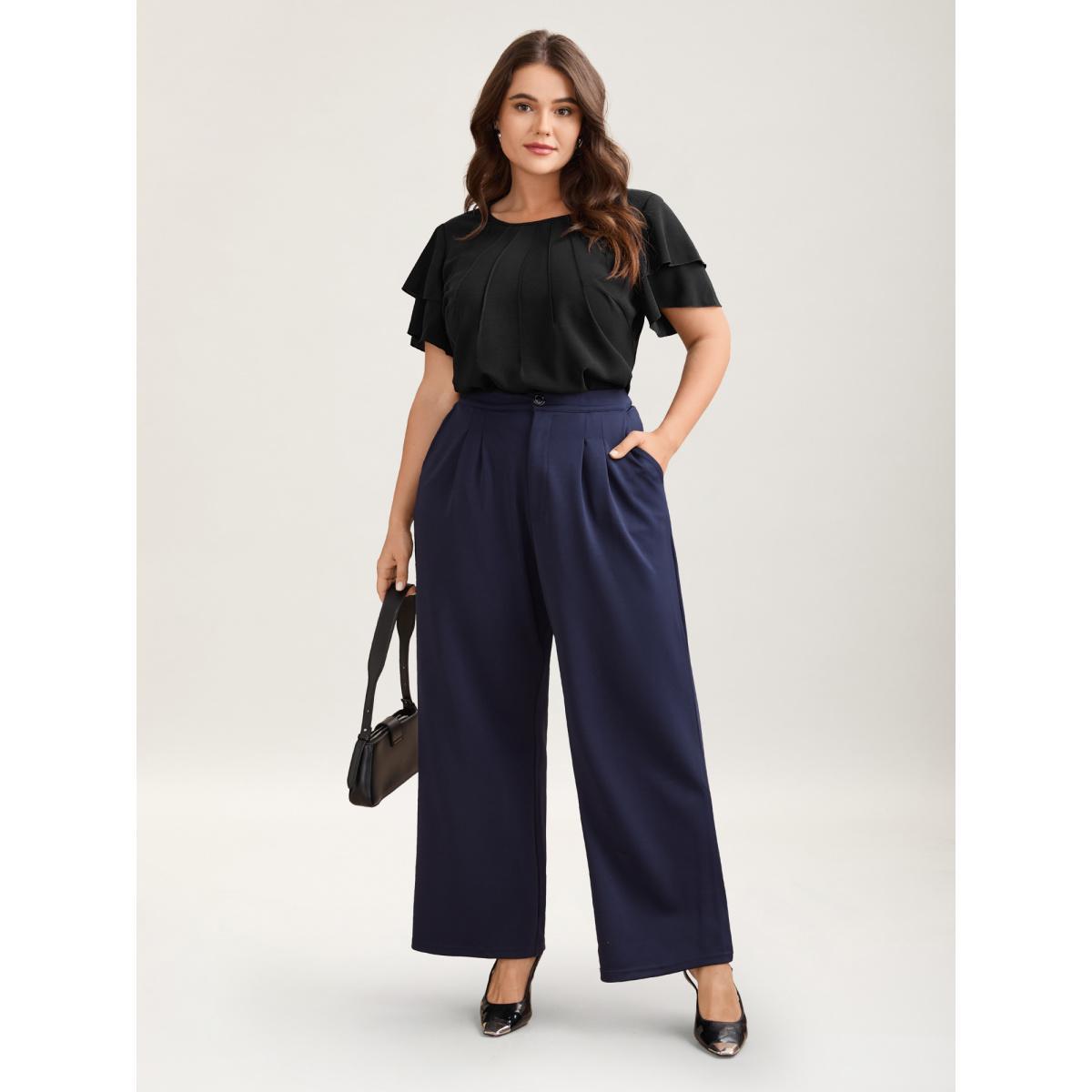 Plus Size Black Toothpick Pleat Layered Flutter Sleeve Blouse Women At the Office Short sleeve Round Neck Work Blouses BloomChic 22-24/3X Product Image