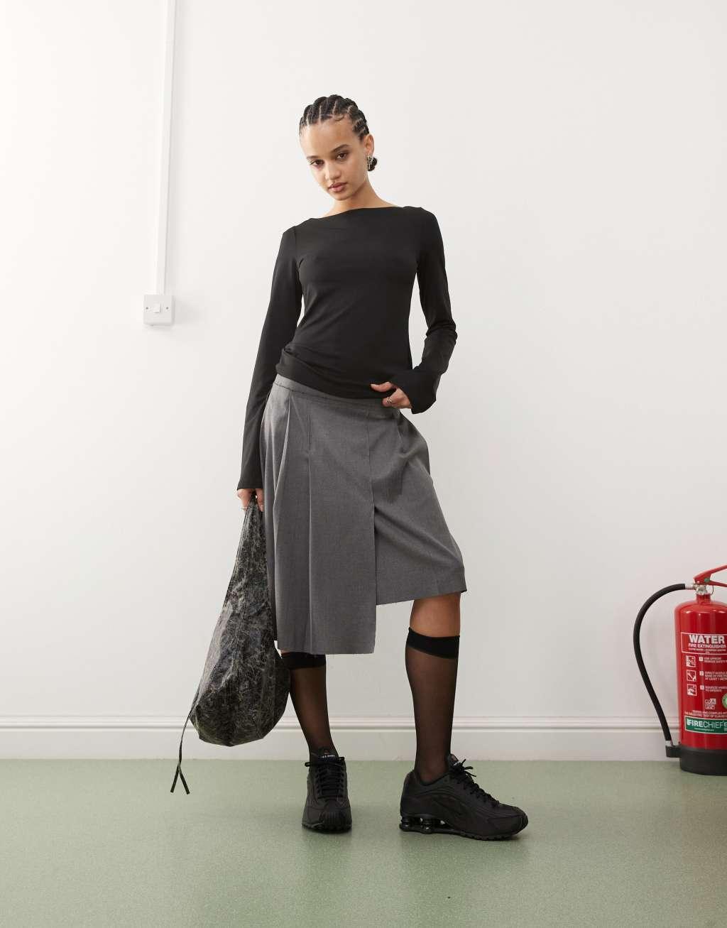 Weekday Annie boat neck long sleeve top in black Product Image