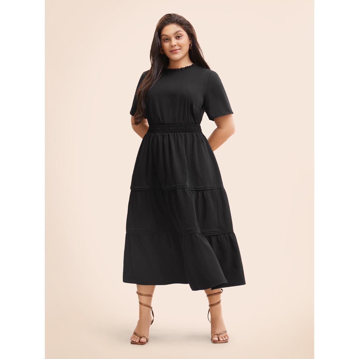 Plus Size Plain Frill Trim Ruffle Layered Hem Dress Black Women Resort Tucked seam Mock Neck Short sleeve Curvy BloomChic 28/5X Product Image