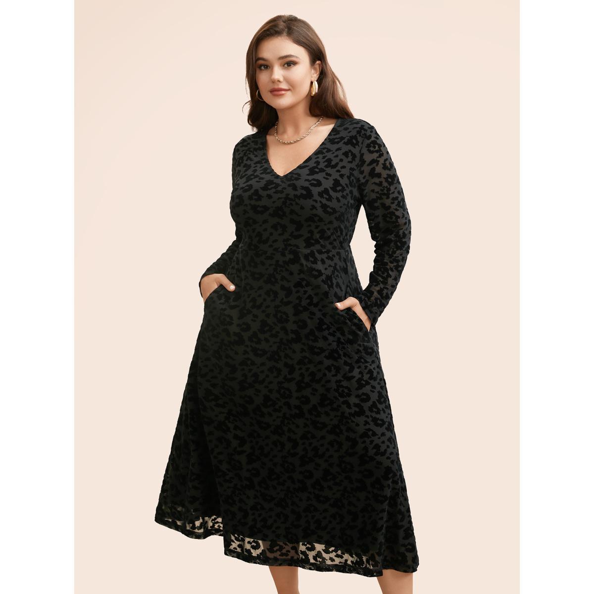 Plus Size V Neck Flocking Mesh Midi Dress Black Women Elegant Texture V-neck Long Sleeve Curvy BloomChic 28/5X Product Image