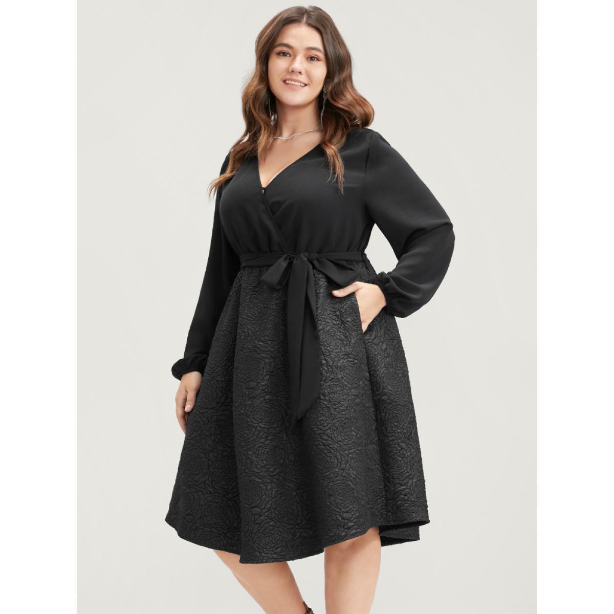 Plus Size Solid Patchwork Wrap Pocket Belted Rose Textured Dress Black Women Office Patchwork V-neck Long Sleeve Curvy Knee Dress BloomChic 28/5X Product Image