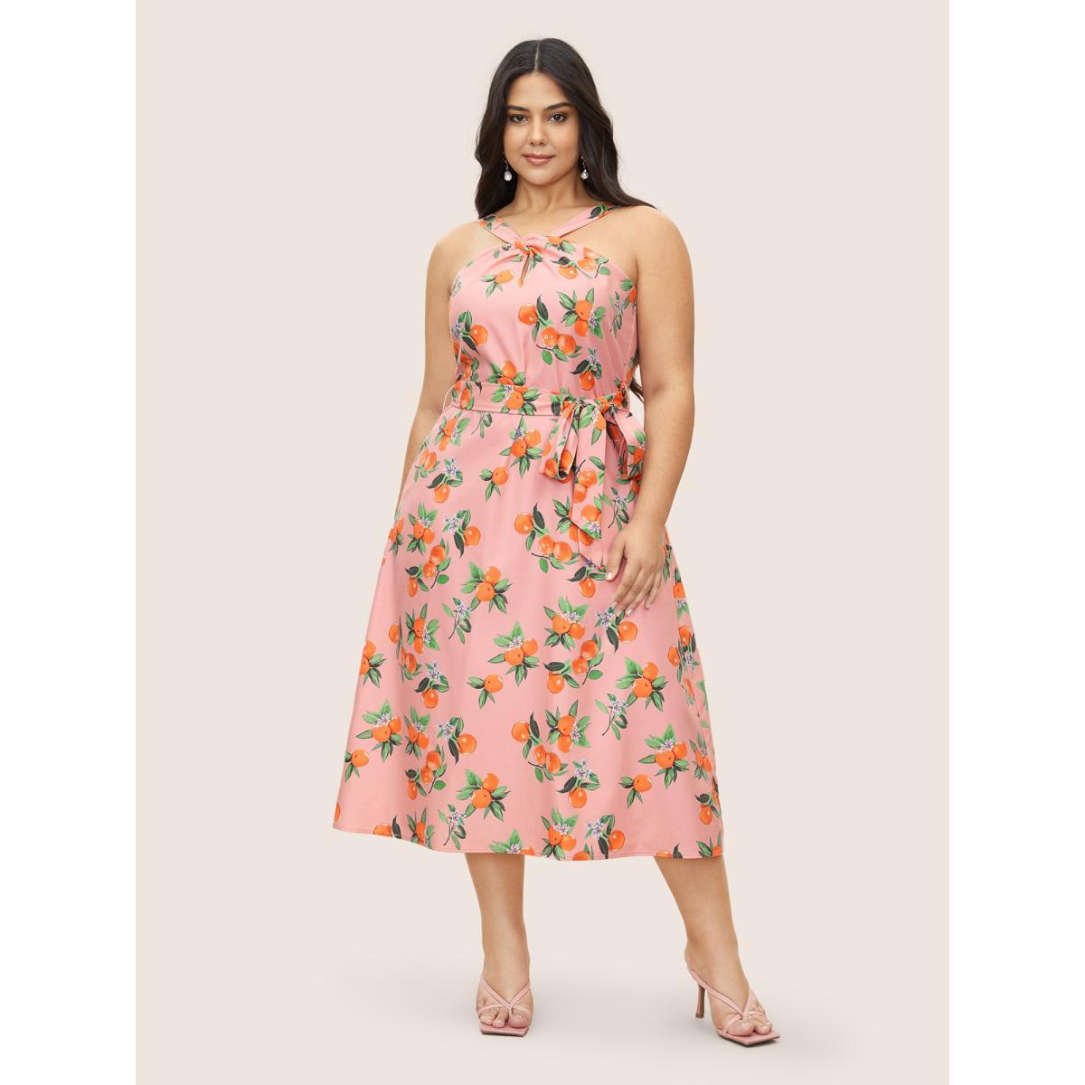 Plus Size Citrus Orange Print Halter Neck Tie Knot Dress Pink Women Elegant Tie knot Halter neck Sleeveless Curvy Midi Dress BloomChic 18-20/2X Product Image