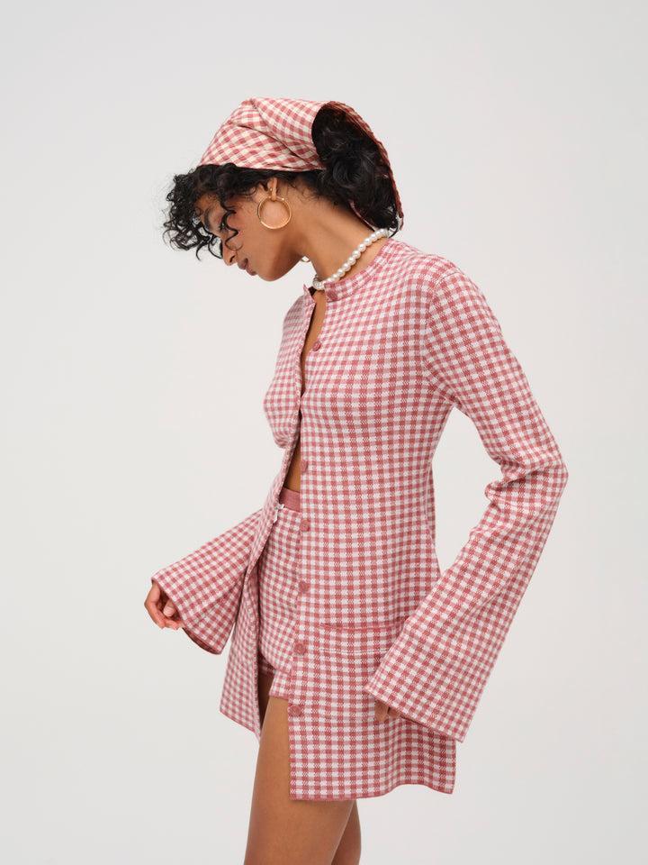 Gingham Knit Jacket — Pink Product Image
