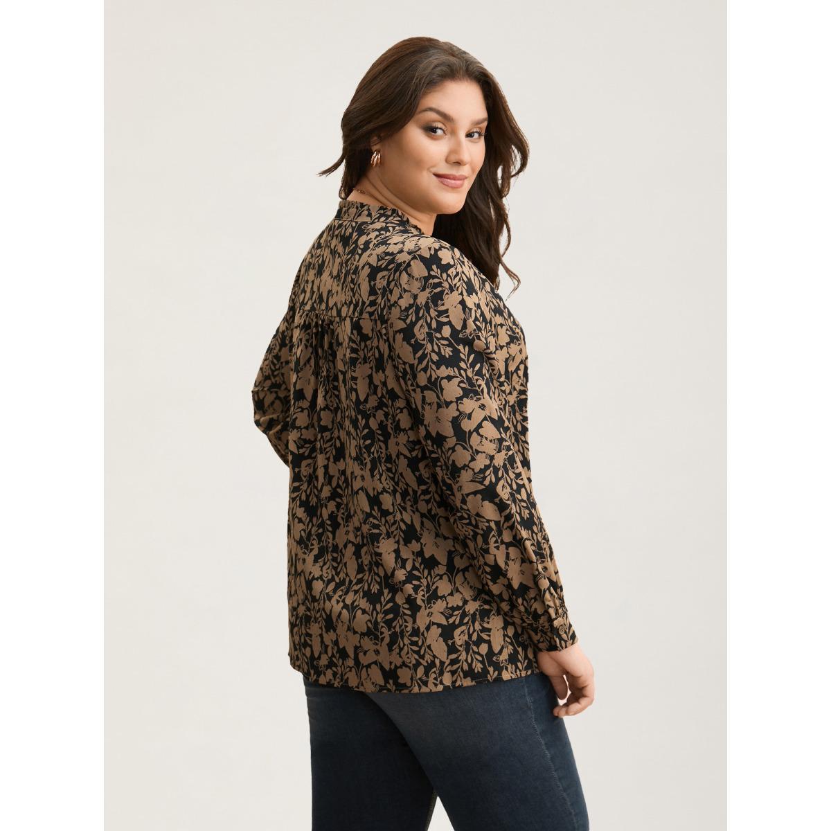 Plus Size Black Silhouette Floral Print Notched Frill Trim Blouse Women Elegant Long Sleeve Notched collar Everyday Blouses BloomChic 22-24/3X Product Image