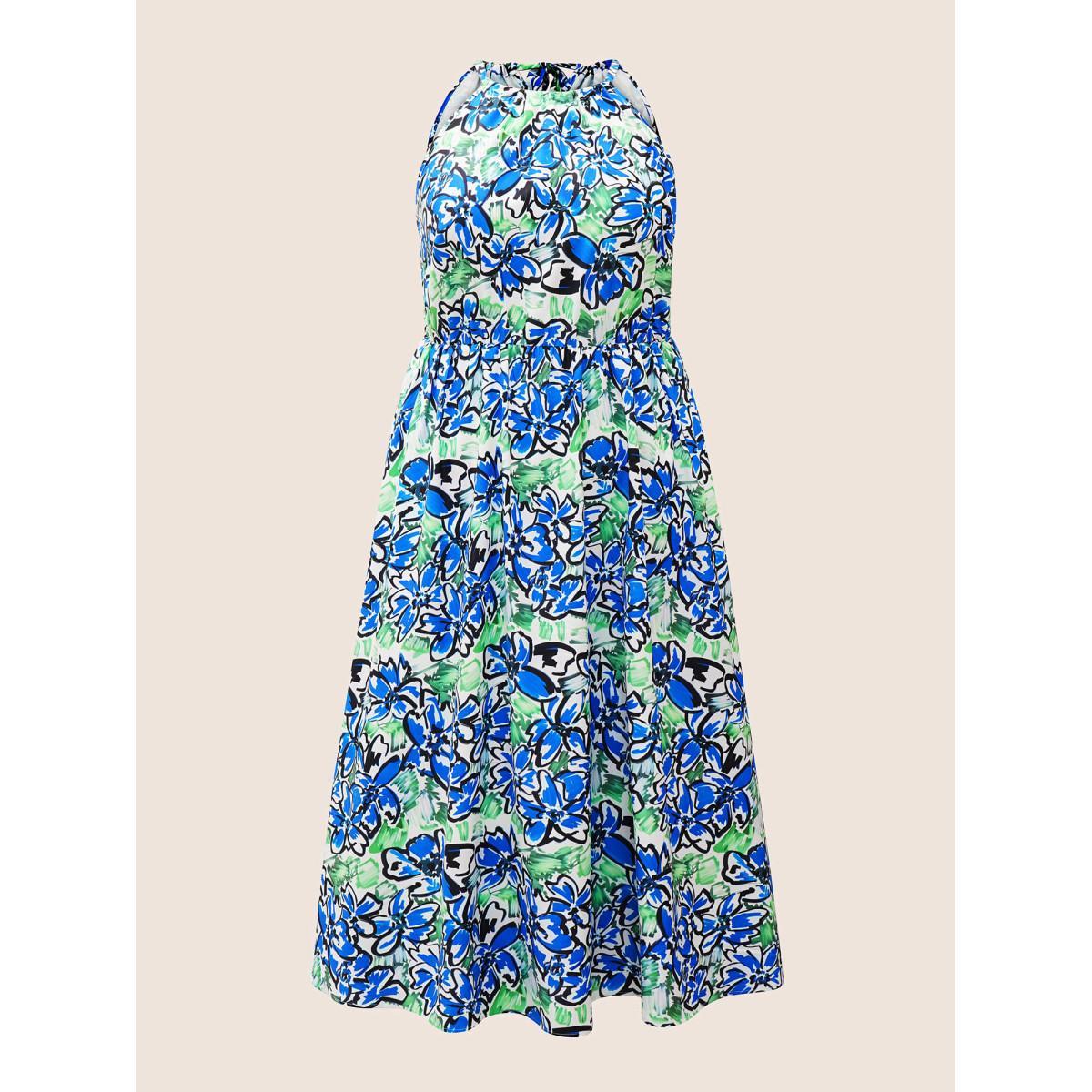 Plus Size Floral Print Elastic Waist Pocket Halter Neck Dress Mint Women Resort Non Halter neck Sleeveless Curvy BloomChic 14-16/1X Product Image