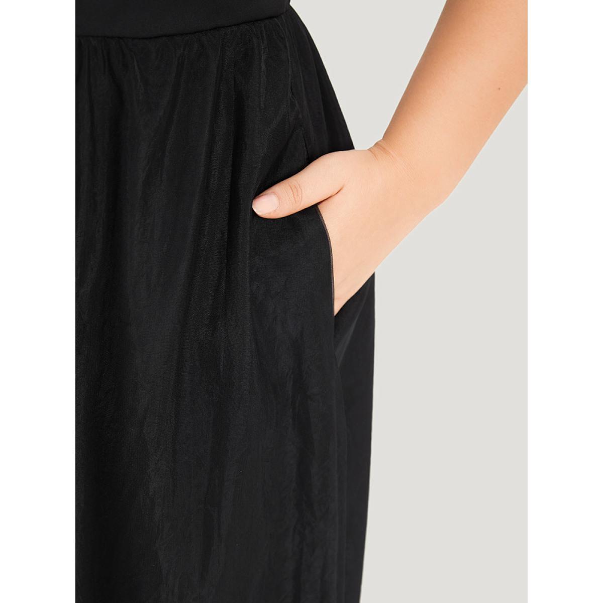 Plus Size Shirt Collar Pocket Mesh Elastic Waist Sleeveless Dress Black Women Elegant Lined Shirt collar Sleeveless Curvy Midi Dress BloomChic 22-24/3X Product Image
