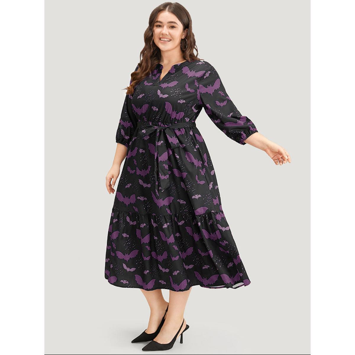 Plus Size Halloween Bat Print Notched Belted Pocket Dress Purple Women Office Elastic cuffs Notched collar Elbow-length sleeve Curvy Midi Dress BloomChic 18-20/2X Product Image