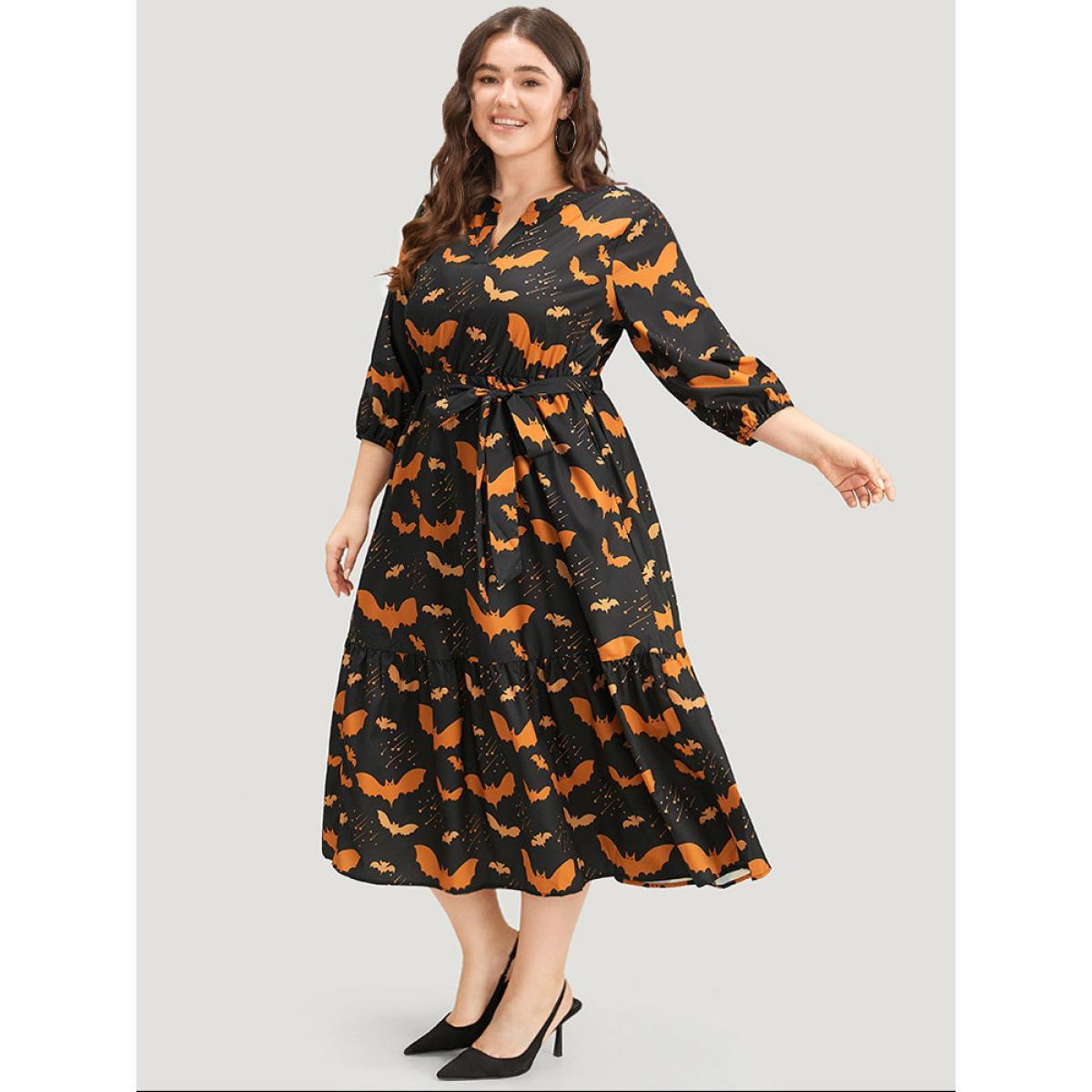 Plus Size Halloween Bat Print Notched Belted Pocket Dress Black Women Office Elastic cuffs Notched collar Elbow-length sleeve Curvy Midi Dress BloomChic 28/5X Product Image