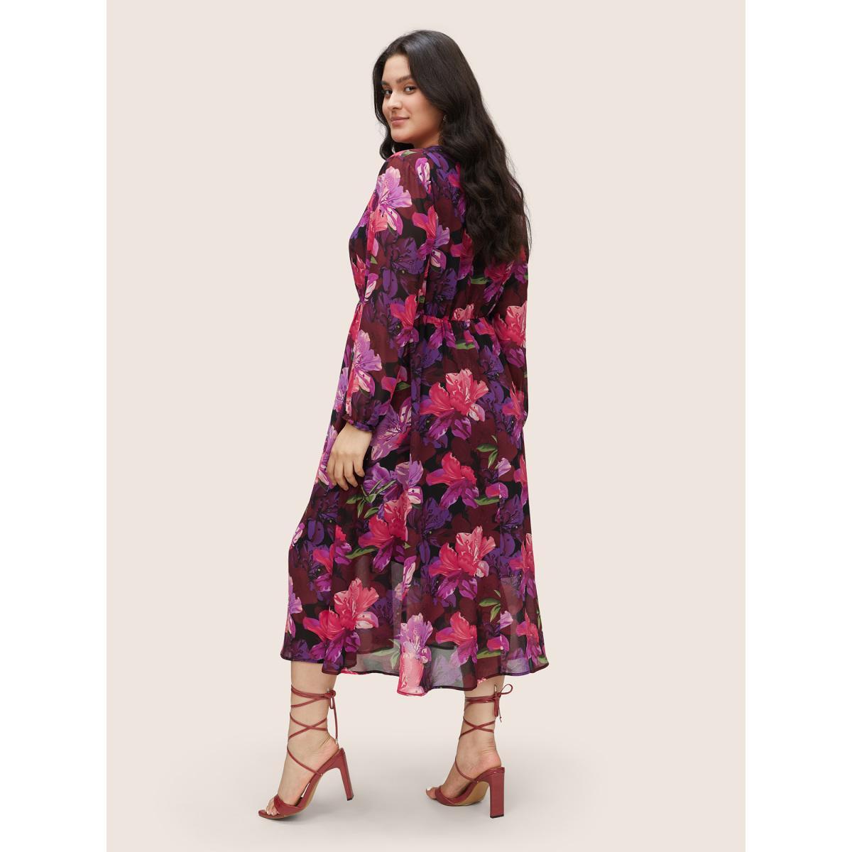 Plus Size Floral Lantern Sleeve Mesh Elastic Waist Dress RedViolet Women Elegant Non V-neck Long Sleeve Curvy Midi Dress BloomChic 30/6X Product Image