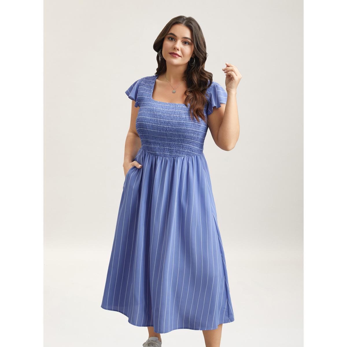 Plus Size Striped Shirred Flutter Sleeve Midi Dress Skyblue Women Casual Shirred Square Neck Cap Sleeve Curvy BloomChic 18-20/2X Product Image
