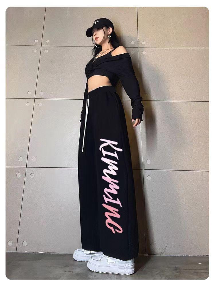 Drawstring Waist Lettering Wide Leg Sweatpants Product Image