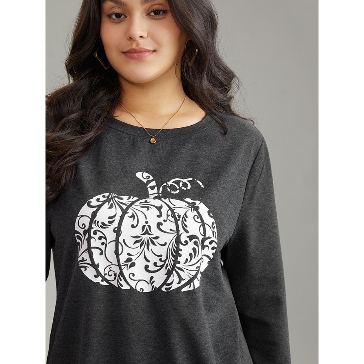 Plus Size Pumpkin Print Crew Neck Knit Sweatshirt Women DimGray Casual Printed Dailywear Sweatshirts BloomChic 12/L Product Image