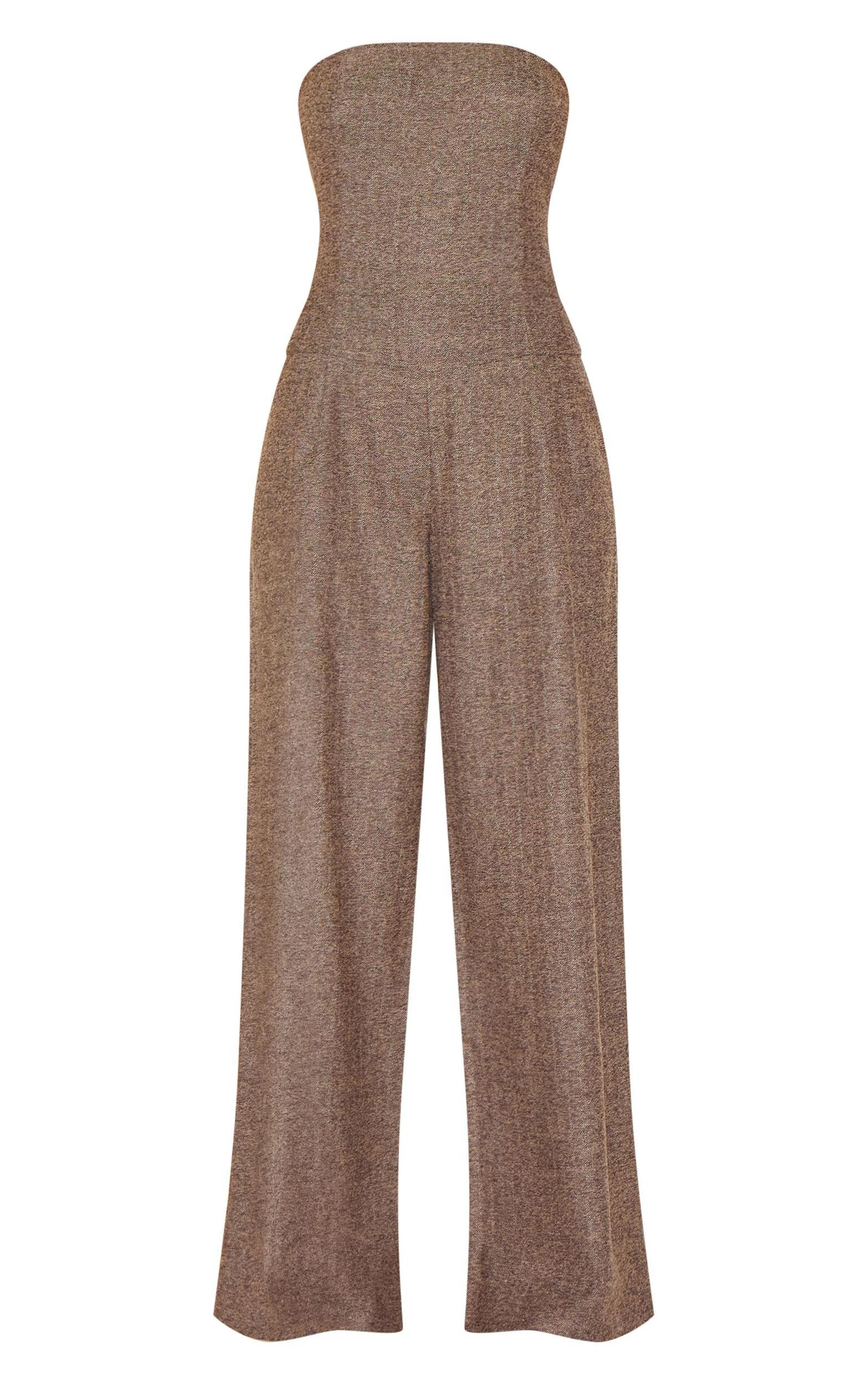 Taupe Tailored Herringbone Bandeau Wide Leg Jumpsuit Product Image