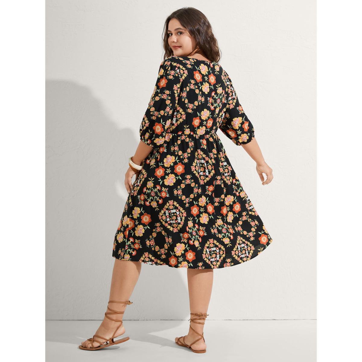 Plus Size Boho Print Waist Stretchy Midi Dress BlackFlower Women Notched collar Half Sleeve Curvy BloomChic 30/6X Product Image